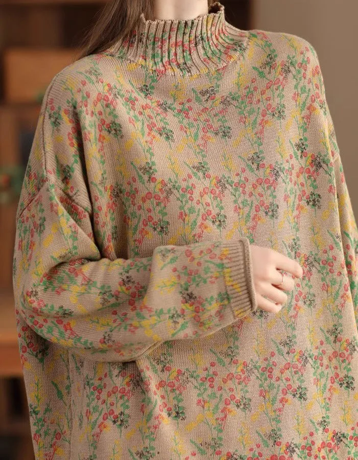 High Neck Comfortable Floral Loose Sweater