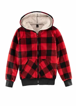 Kids Matching Family Sherpa Lined Red Plaid Sweatshirt Jacket