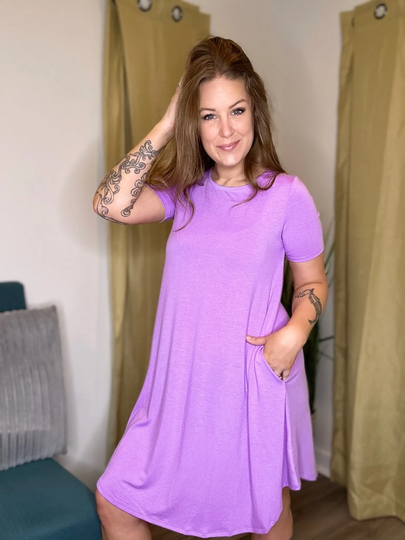 Lavender Short Sleeve Round Hem Dress