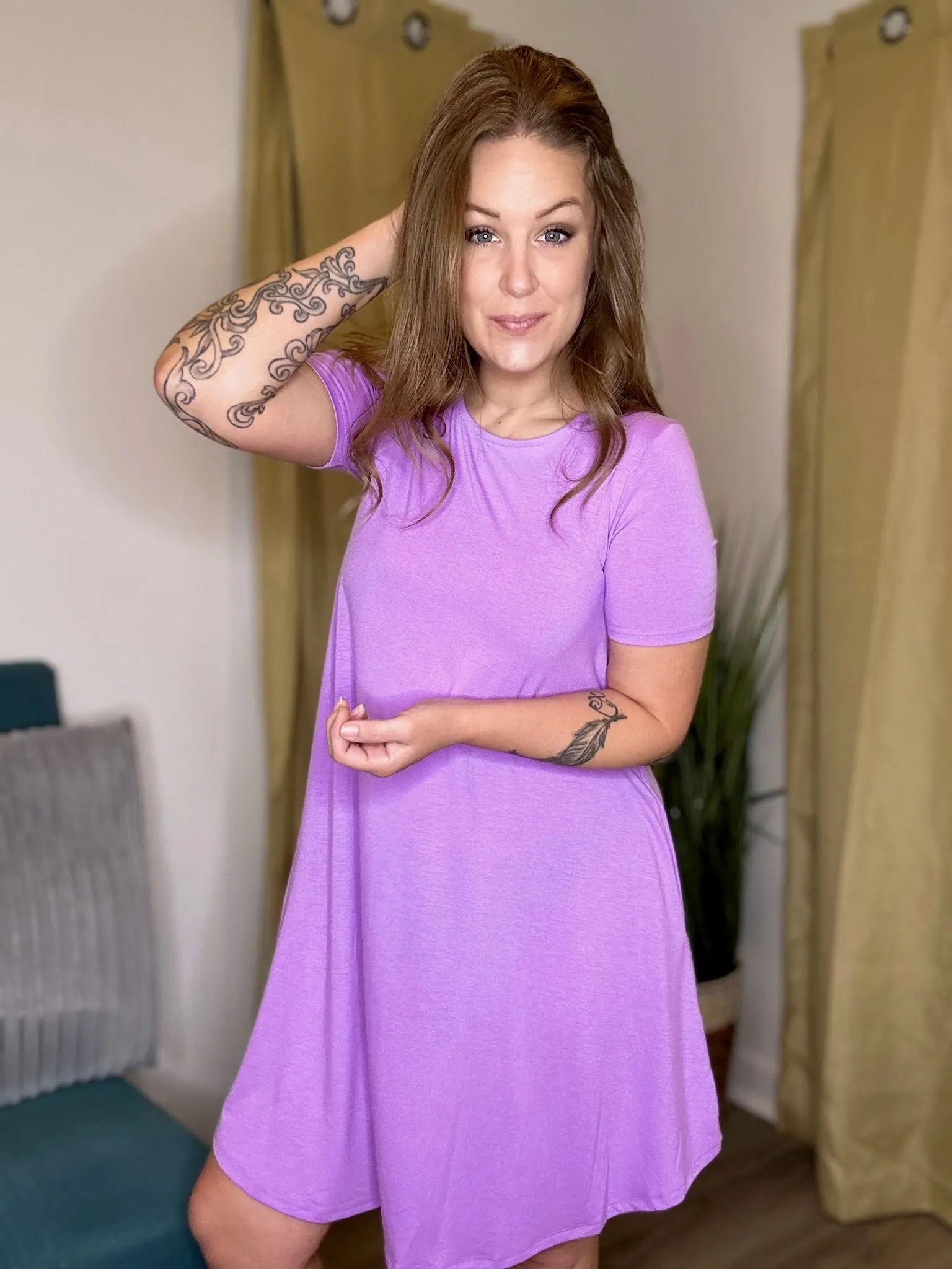 Lavender Short Sleeve Round Hem Dress