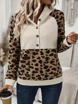 Leopard Half Button Long Sleeve Hoodie | Cozy Hoodies