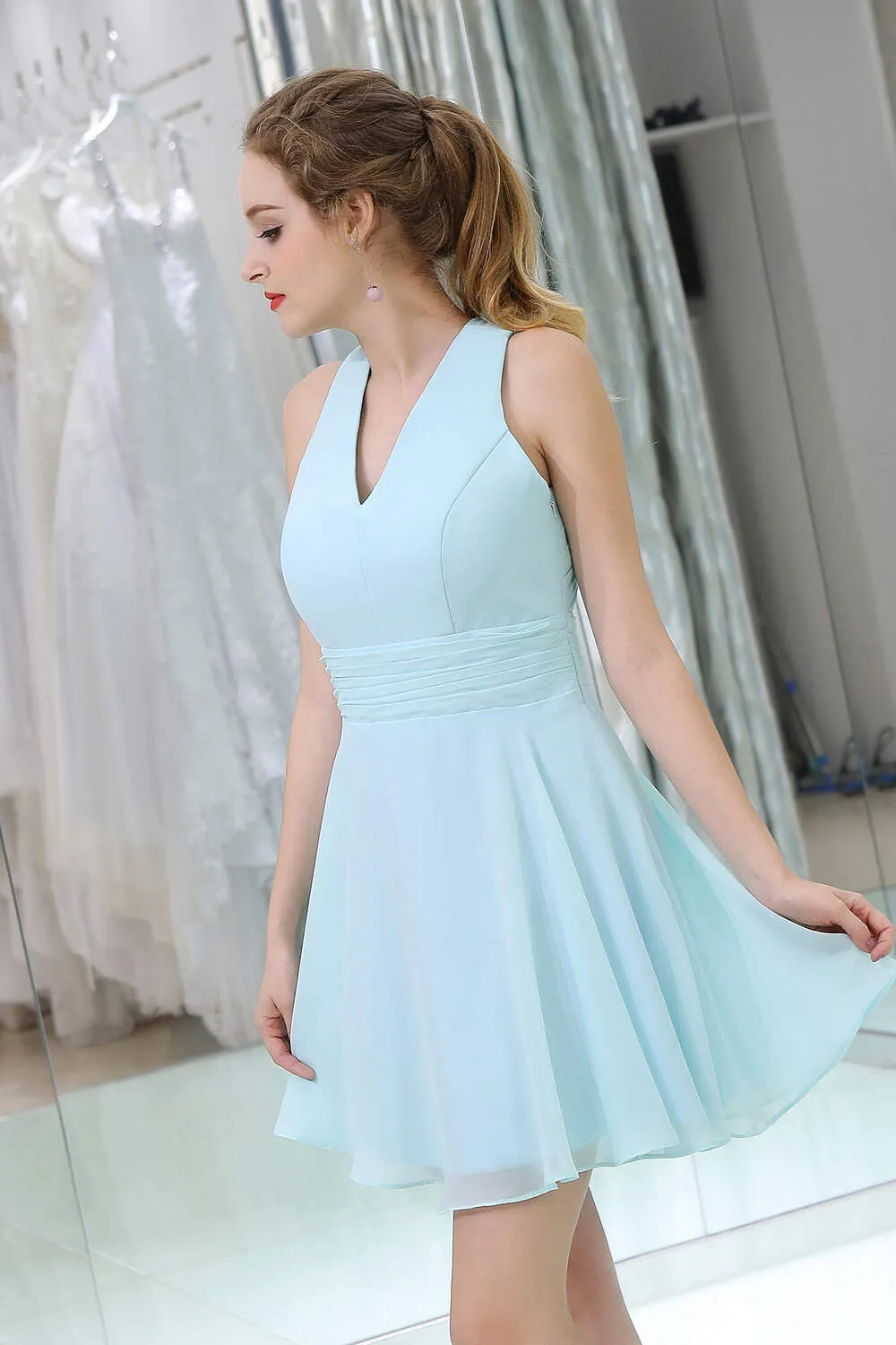 Light Blue With Cross Back Short Homecoming Dresses