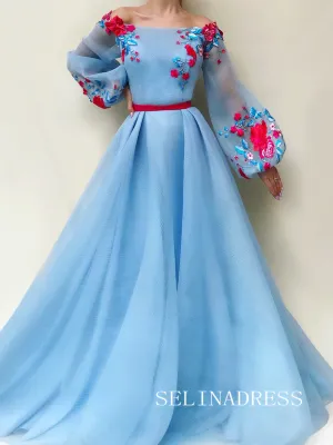 Light Sky Blue 3D Flower Long Prom Dress Long Sleeve Evening Dress EWR305