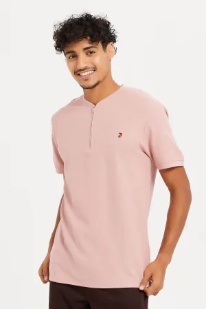 Men Pink Henley Collared Plain Polo Shirt