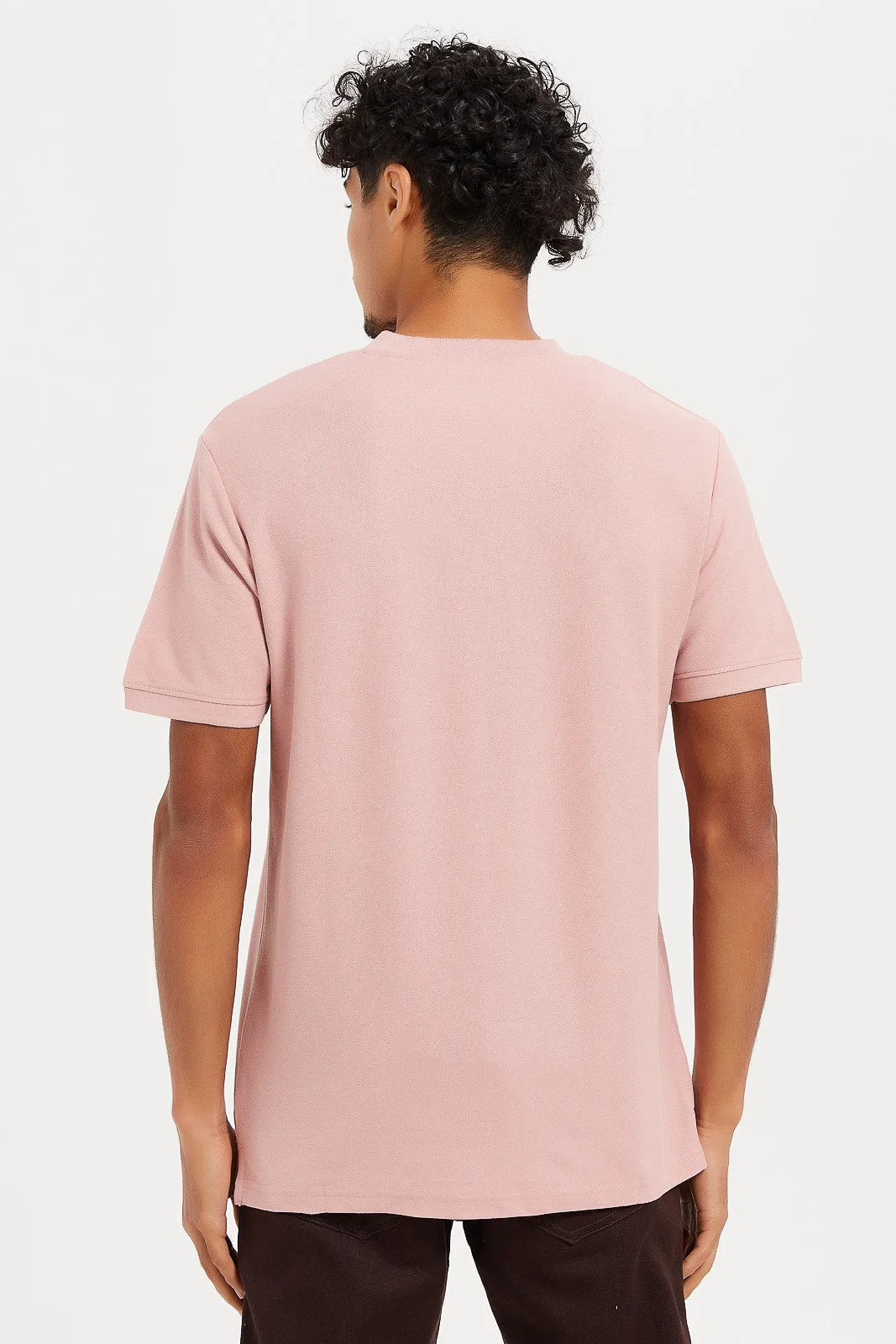 Men Pink Henley Collared Plain Polo Shirt