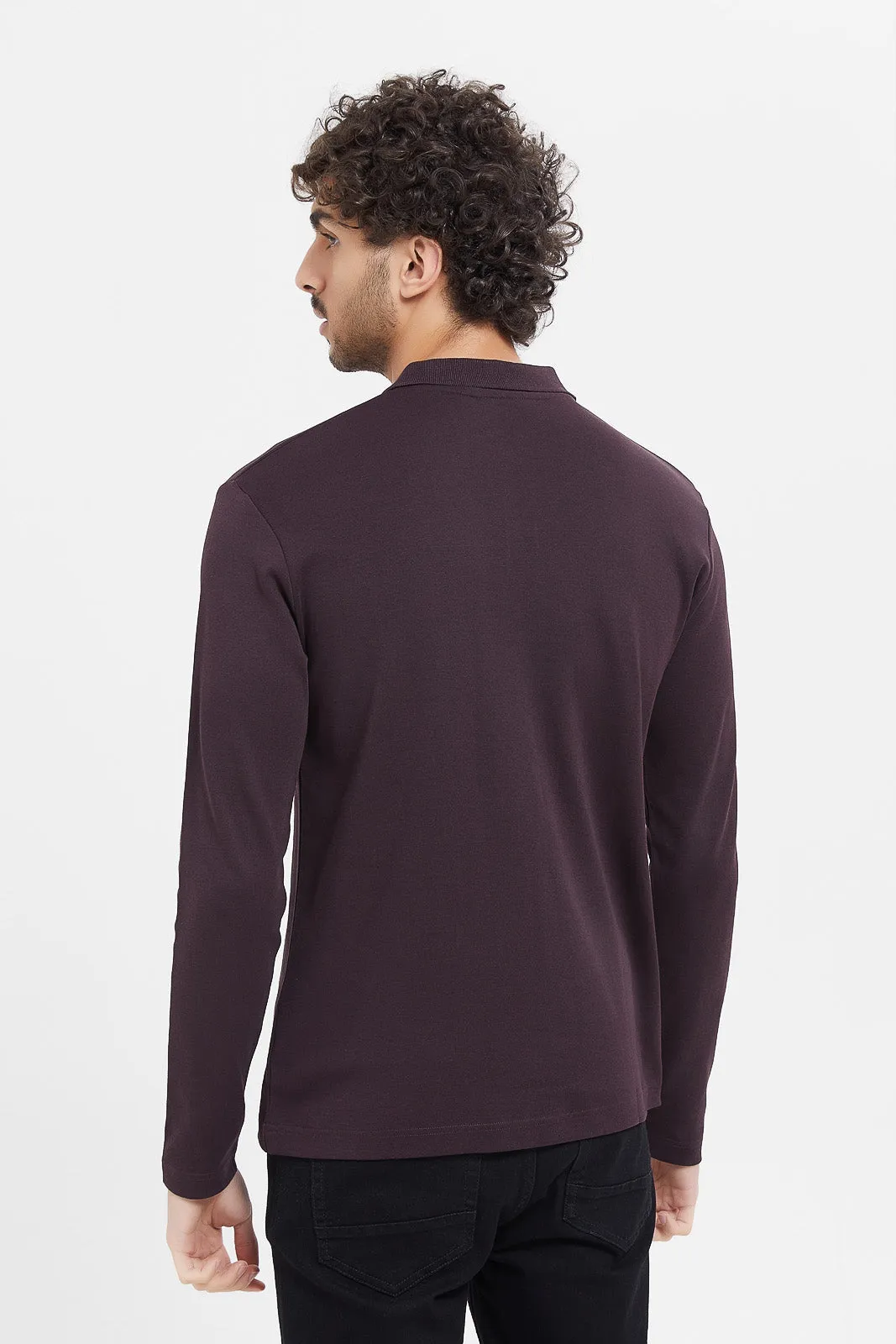 Men Purple Zip Placket Long Sleeve Polo Shirt