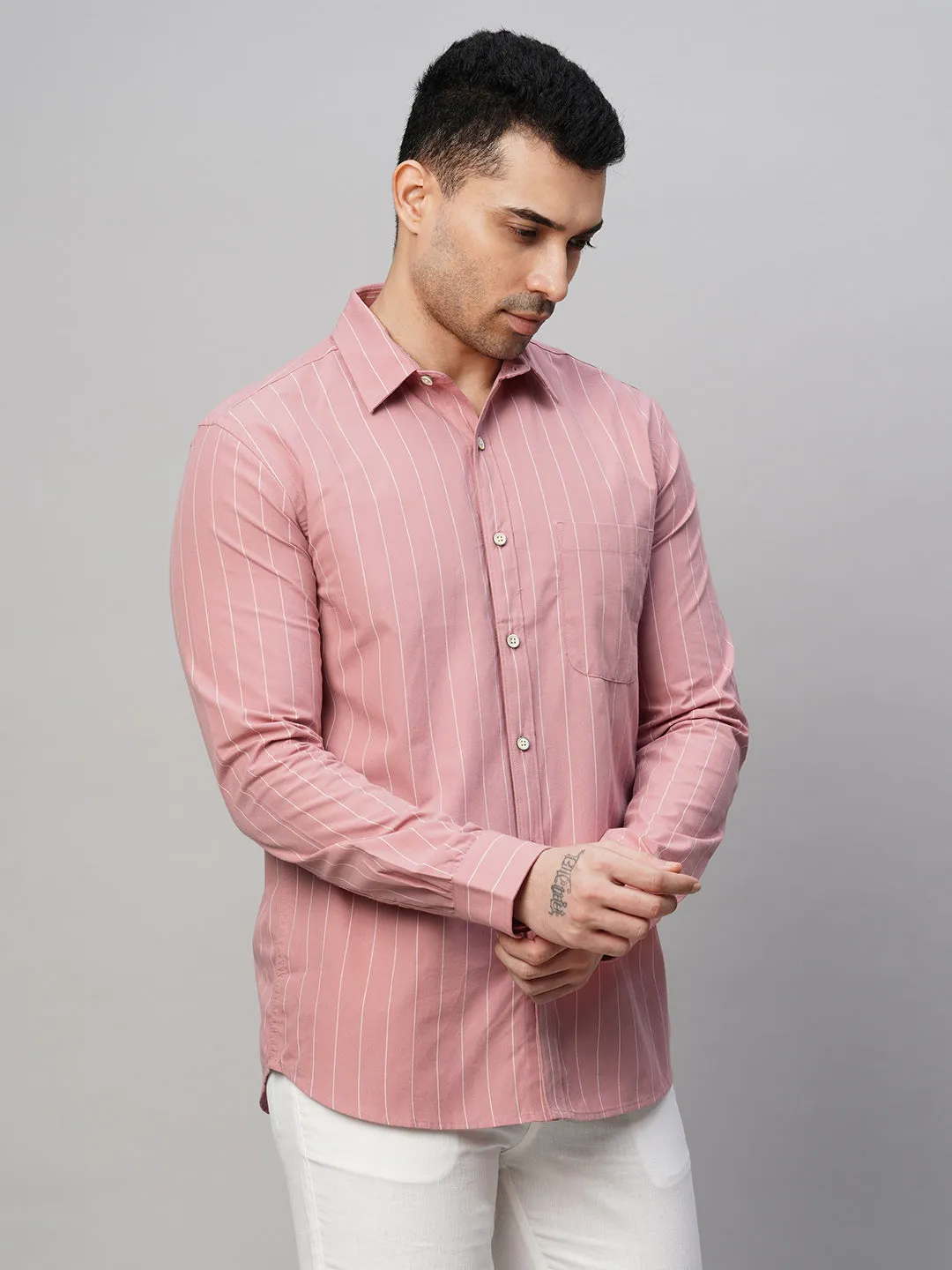 Men's Pink Cotton Regular Fit Striped Shirt