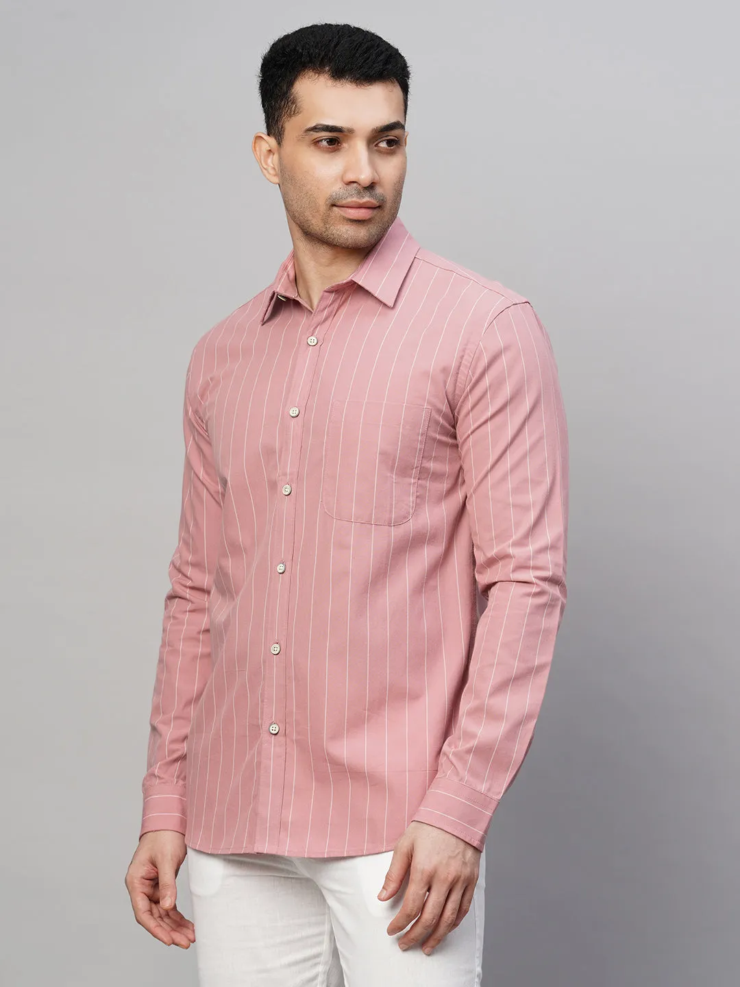 Men's Pink Cotton Regular Fit Striped Shirt