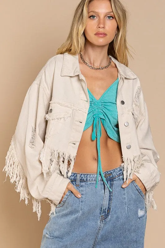 Plus Fringe-Detailed Cropped Denim Jacket