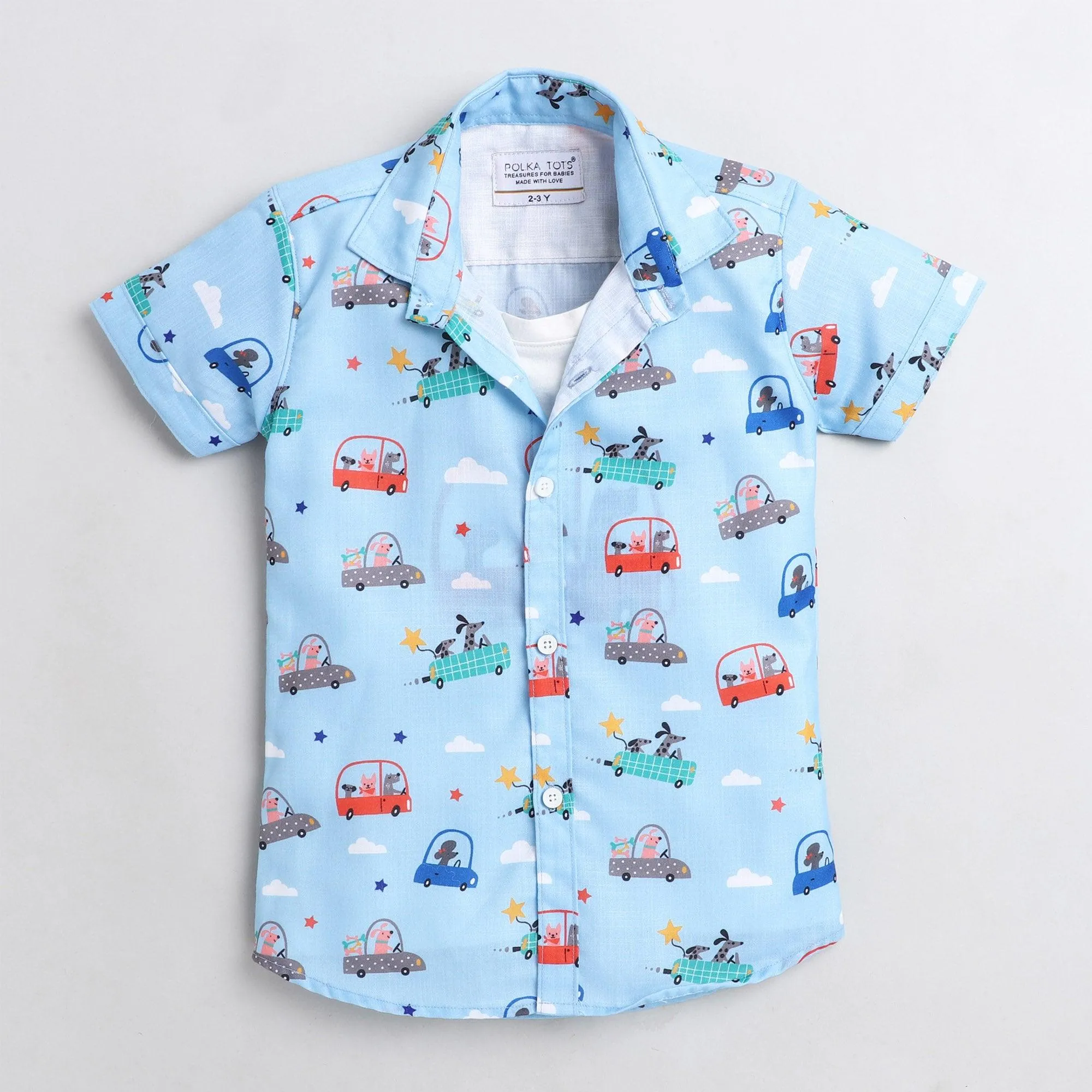 Polka Tots animal print car tshirt shirt - sky blue