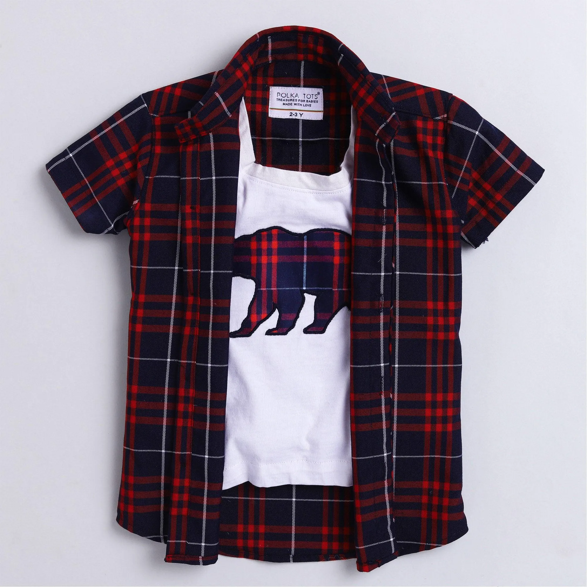 Polka Tots Full Half Sleeve Shirt With Inside Tshirt Bear Checks Patch - Navy Blue