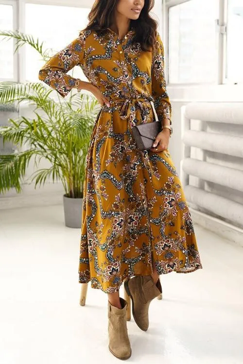 Print Button Bleted Long Sleeve Shirt Dress