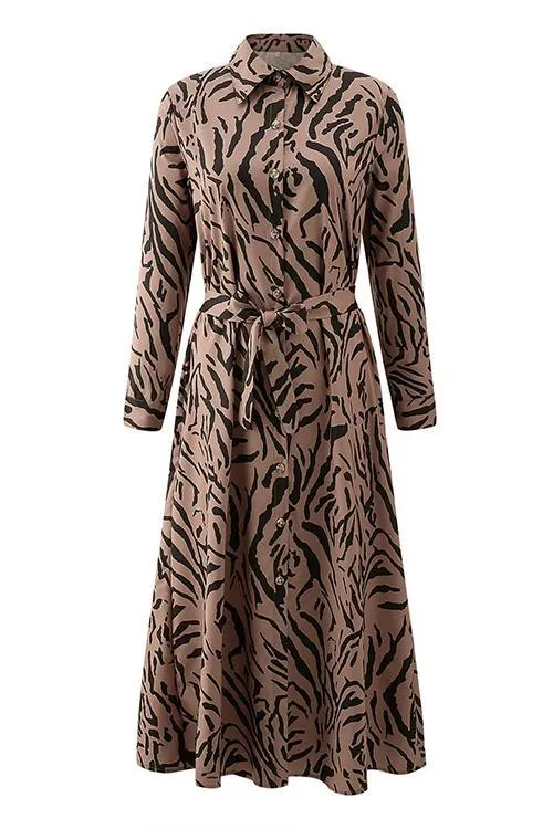 Print Button Bleted Long Sleeve Shirt Dress