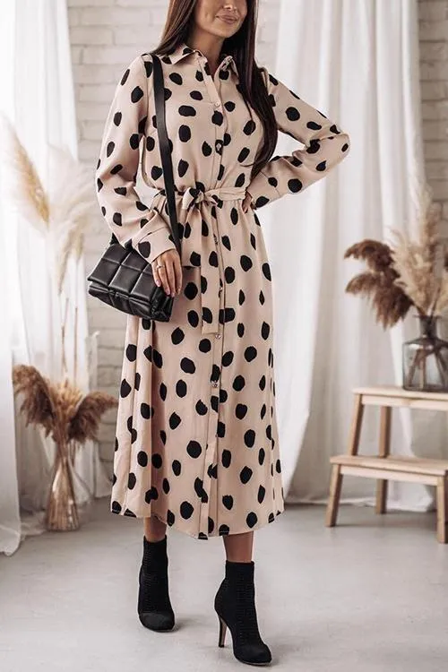 Print Button Bleted Long Sleeve Shirt Dress