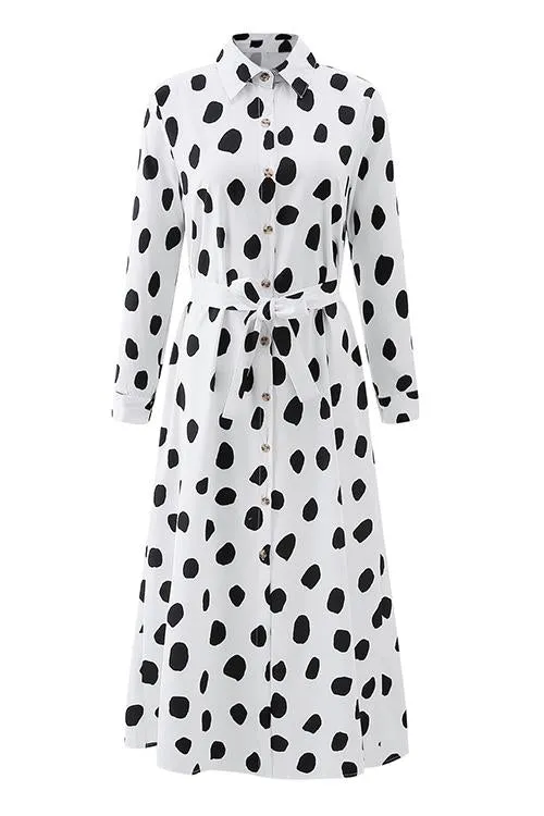 Print Button Bleted Long Sleeve Shirt Dress