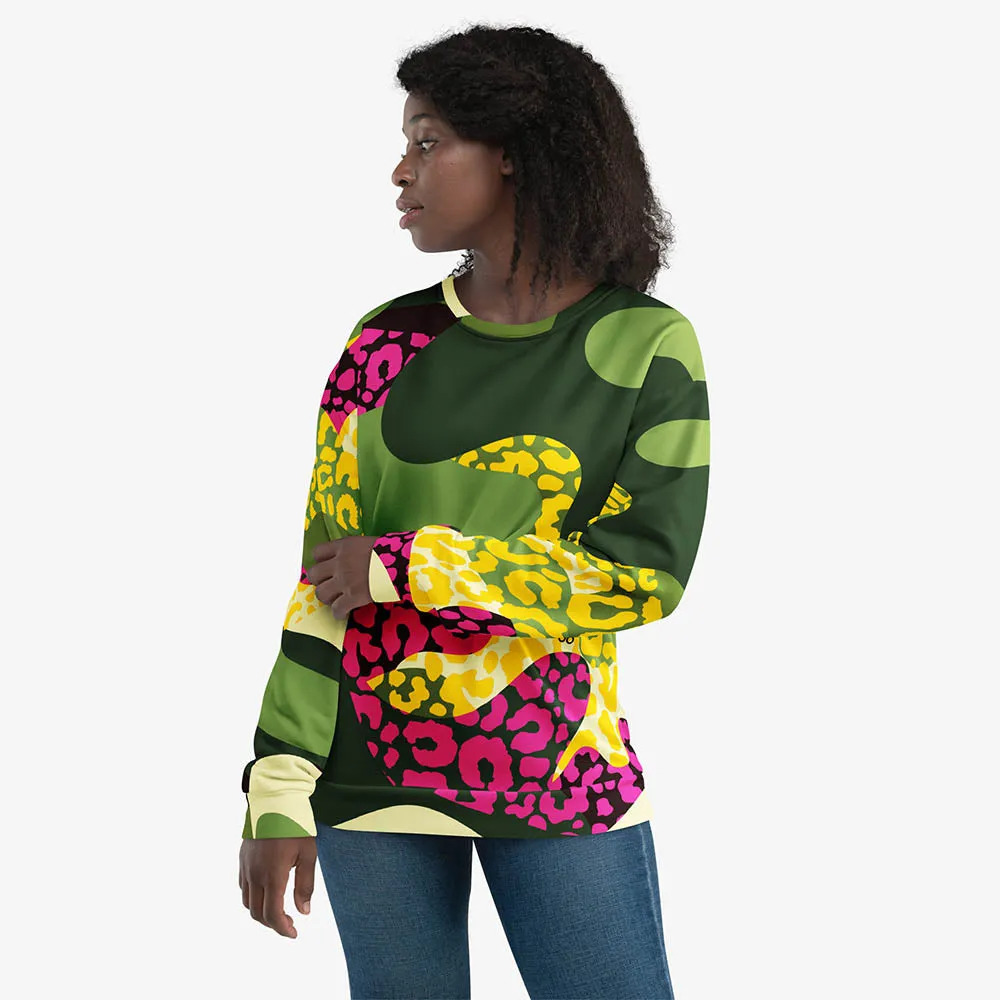 Recycled Fleece Sweatshirt "Camocheetah" Green/Yellow/Pink