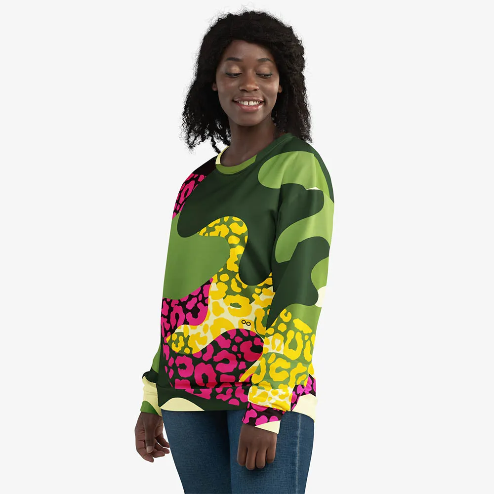 Recycled Fleece Sweatshirt "Camocheetah" Green/Yellow/Pink