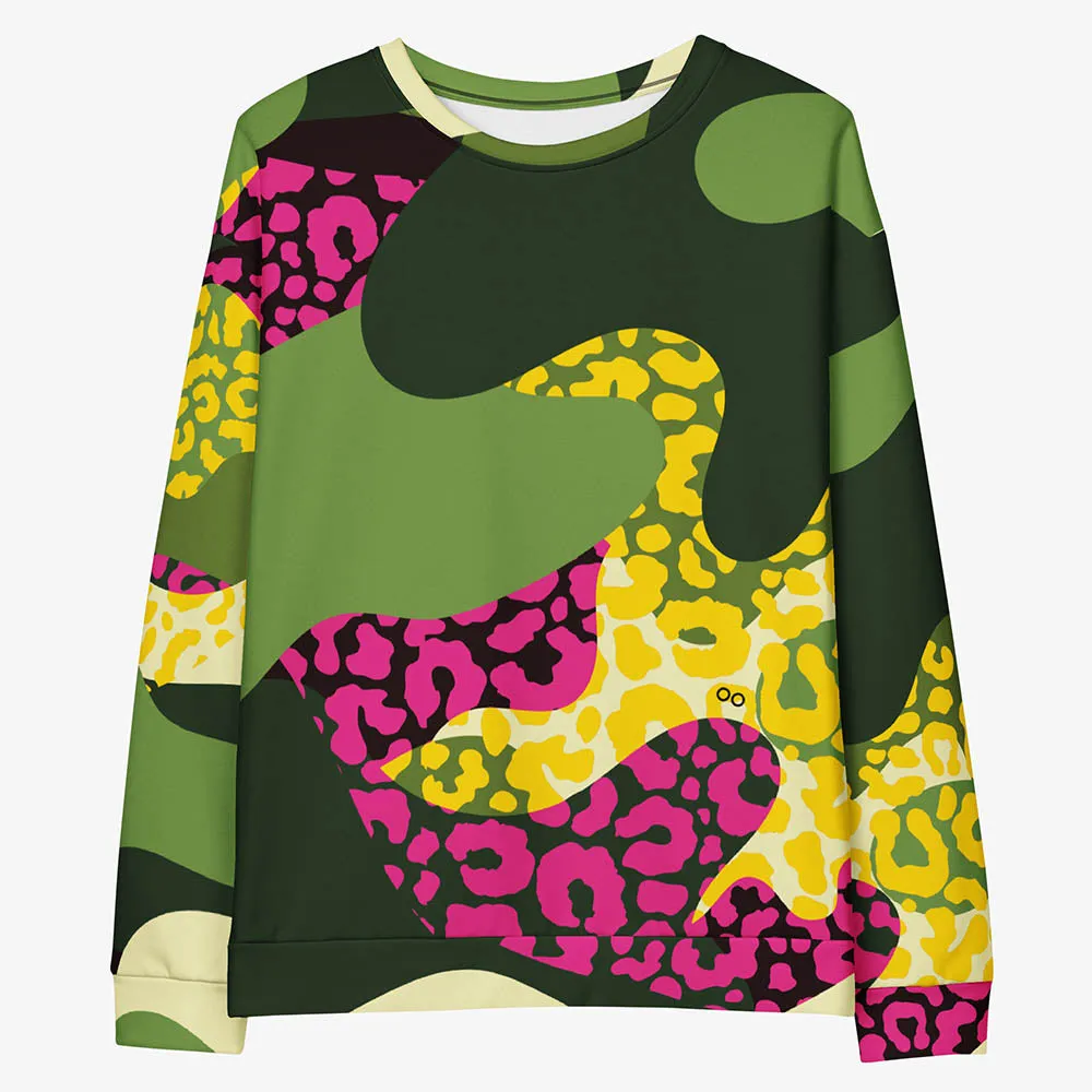 Recycled Fleece Sweatshirt "Camocheetah" Green/Yellow/Pink