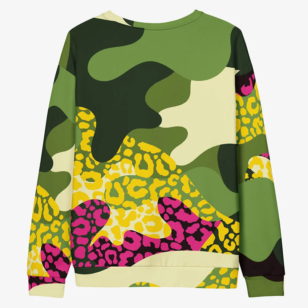 Recycled Fleece Sweatshirt "Camocheetah" Green/Yellow/Pink