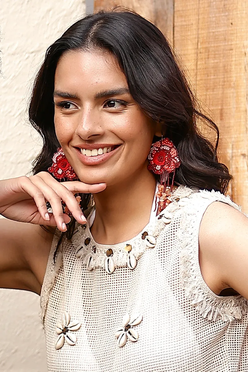 Red Roses Beaded Earrings