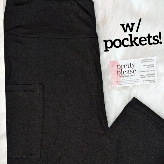 Solid Black W/POCKETS Double Brushed Super SOFT Yoga Band Leggings OS TC TC2 rts