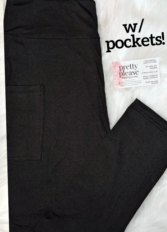 Solid Black W/POCKETS Double Brushed Super SOFT Yoga Band Leggings OS TC TC2 rts