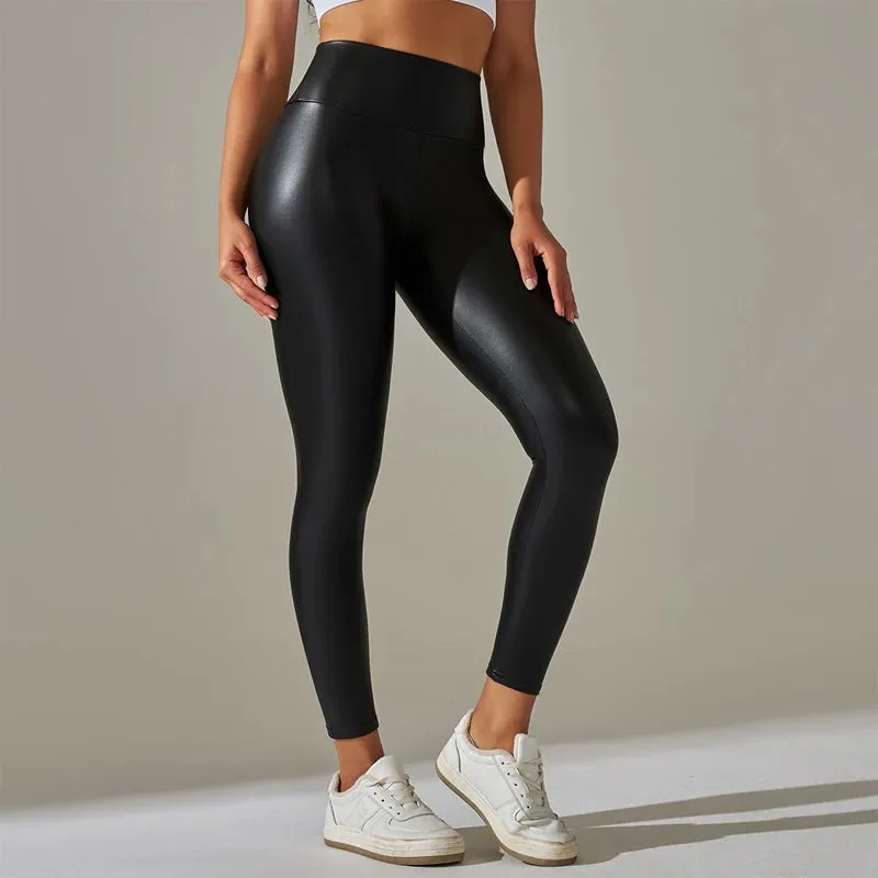 Trendy New Oversized High Waisted Tight Sexy PU Leather Colorful Yoga Pants Leggings