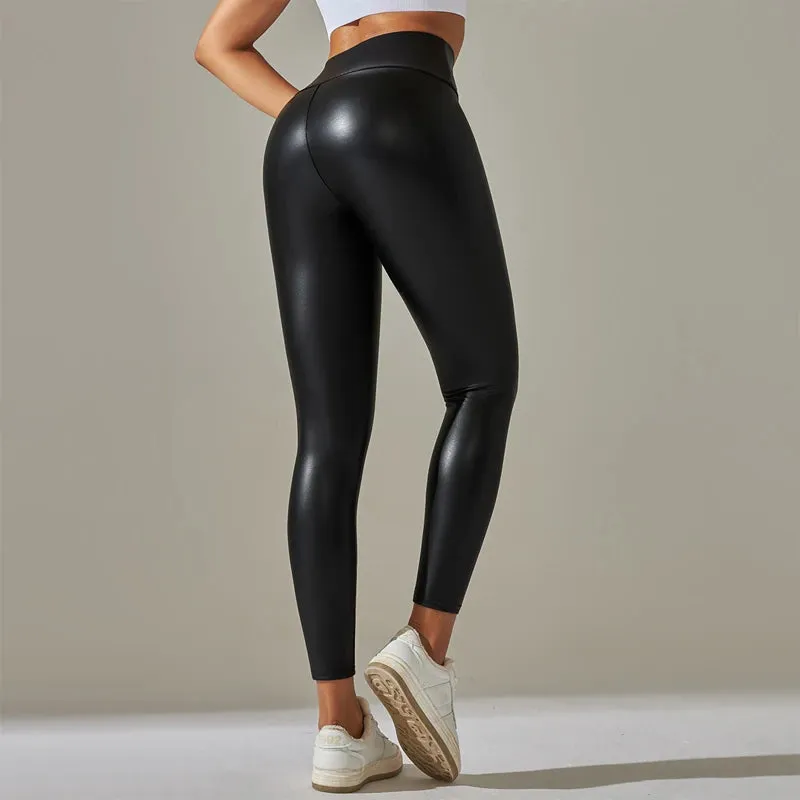 Trendy New Oversized High Waisted Tight Sexy PU Leather Colorful Yoga Pants Leggings