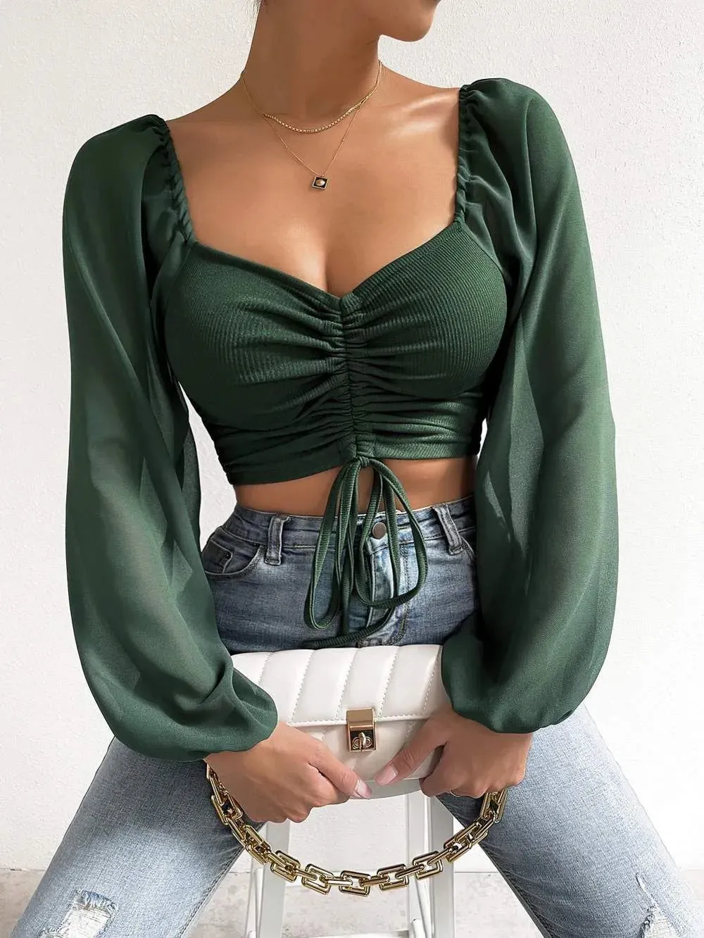 Trendy Puff Sleeve Lace up V-neck Blouse