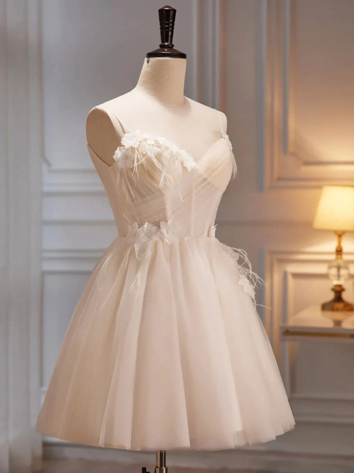 V Neck Light Champagne Tulle Short Prom Dresses, Short Champagne Tulle Formal Homecoming Dresses