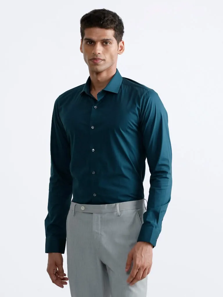 WES Formals Plain Dark Teal Cotton Blend Ultra-Slim Fit Shirt