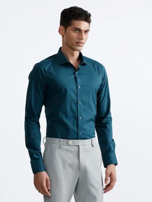 WES Formals Plain Dark Teal Cotton Blend Ultra-Slim Fit Shirt