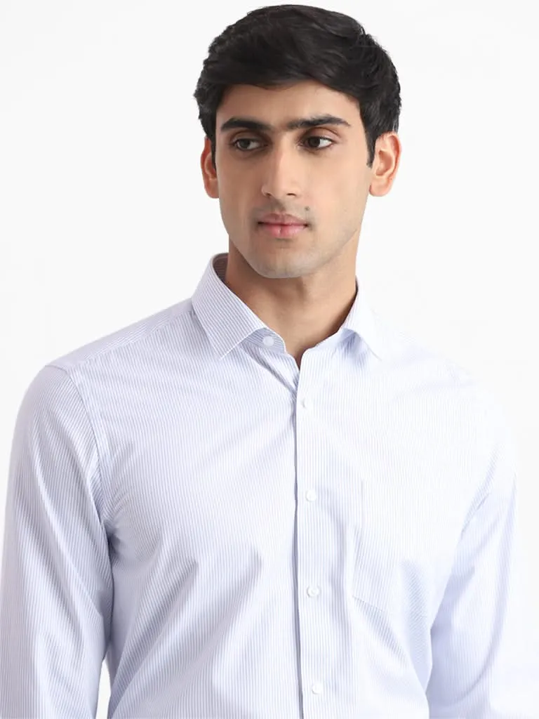 WES Formals White & Blue Striped Slim-Fit Shirt