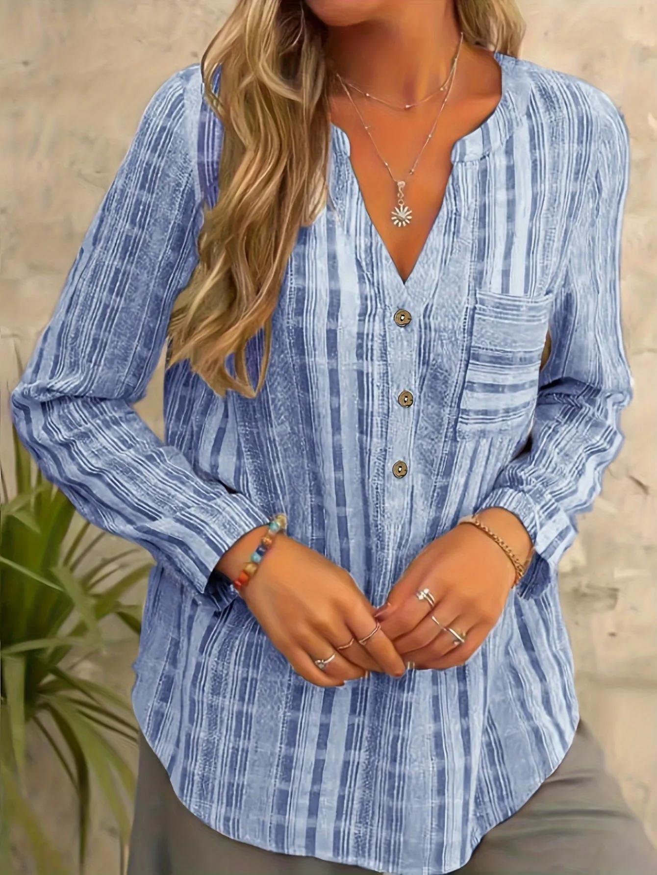 Womens Plus Size Striped Print Button Up Blouse