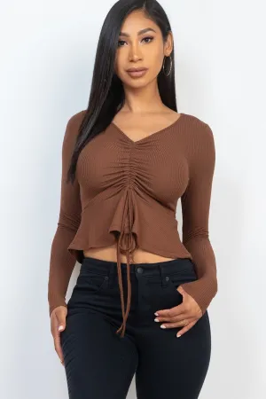 Women's Ribbed Drawstring Front Long Sleeve Peplum Top