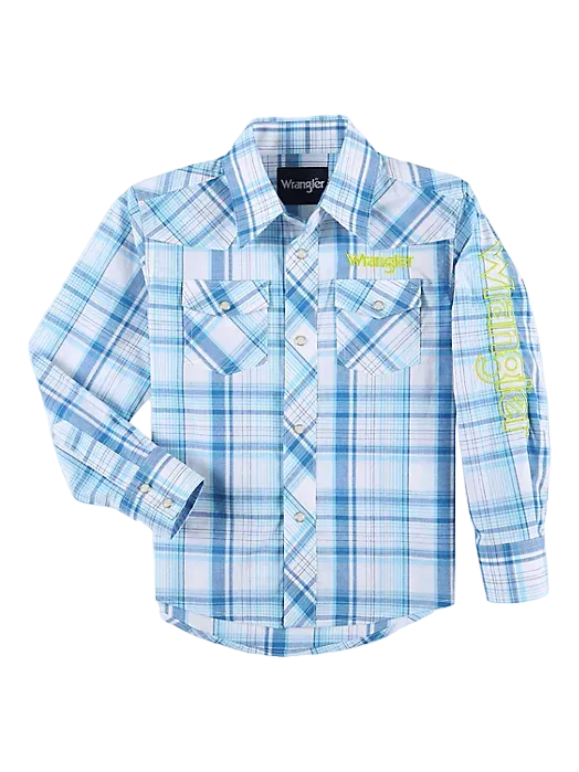 Wrangler Boys Logo Long Sleeve Western Blue Shirt